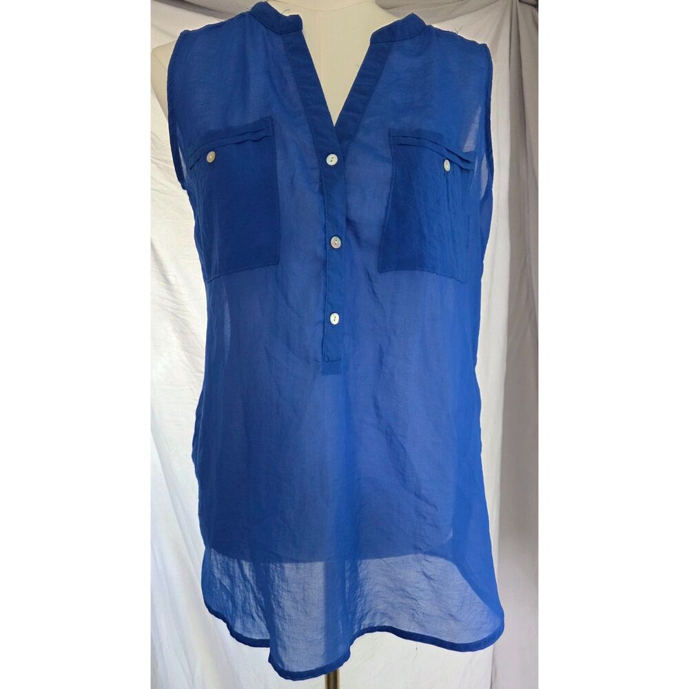 Royal Blue Sleeveless Blouse Size L - Sheer V-Neck Button Front 2-Pocket Top